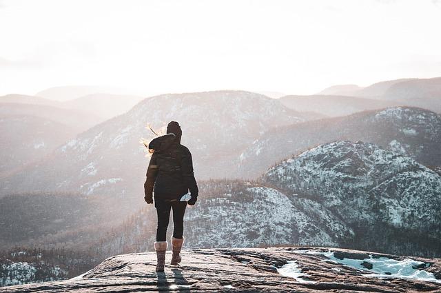 woman, snow, mountains, mountaineer, mountaineering, female mountaineer, peak, summit, viewpoint, mountain view, female, season, nature, canada, cold