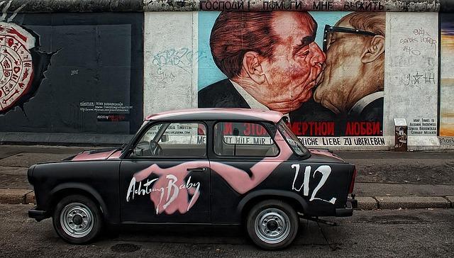 berlin wall, car, graffiti, wall art, painted, vehicle, old car, vintage, monument, open-air gallery, car wallpapers, road, street, city, urban, east side gallery, berlin, germany