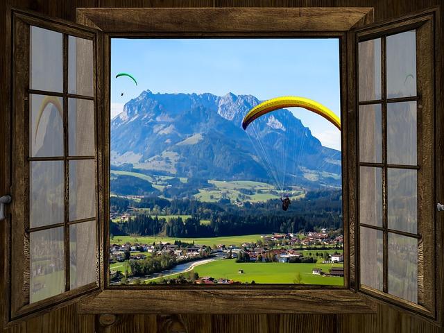 window, nature, outlook, mountains, kaisergebirge, tame emperor, hut, flying, paraglider, glider, parachute, landscape, free, window frames, window open