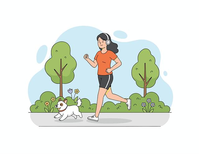 fitness, outdoor jogging, running exercise, park workout, orange workout clothes, black shorts, headphones, dog jogging, healthy lifestyle, flat illustration, exercise routine, fitness motivation, cardio workout, outdoor exercise, women's fitness, running with a dog, nature workout, ai generated