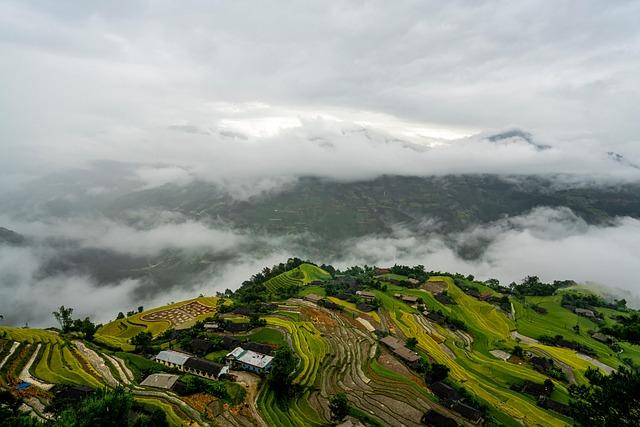 residential, paddy field, step, cloud, nature, mountain, curve, dawn